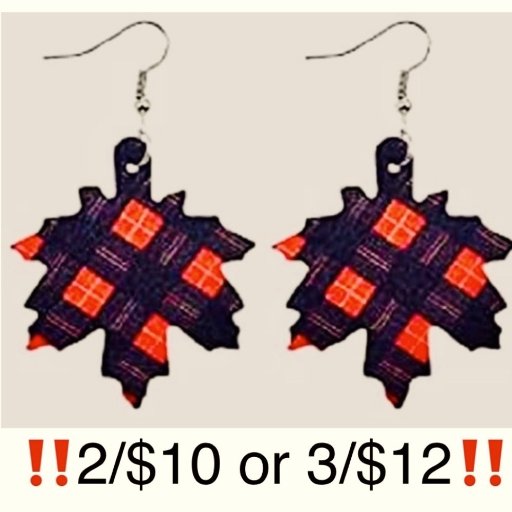 Orange Black Buffalo Plaid Faux Leather Autumn Maple Leaf Dangling Fall Earrings